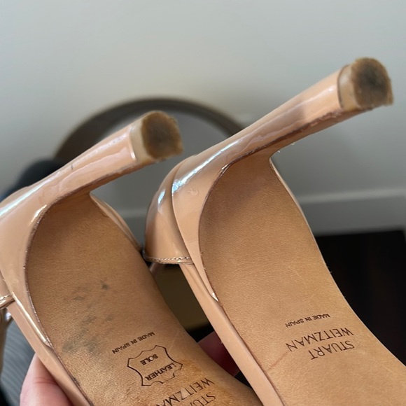 Stuart Weitzman Nude Nudistsong Heel Ankle Strap Patent Leather Sandals  Beige - Picture 14 of 17